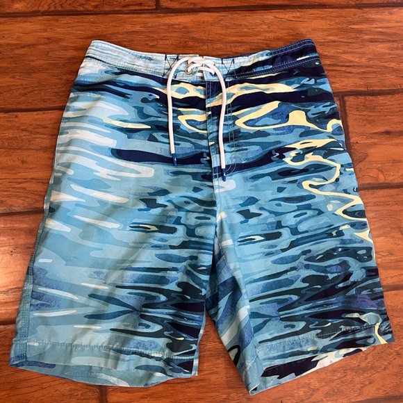 Tommy Bahama swim trunks men’s small blue waves ocean pocket zipper drawstring - Picture 1 of 11